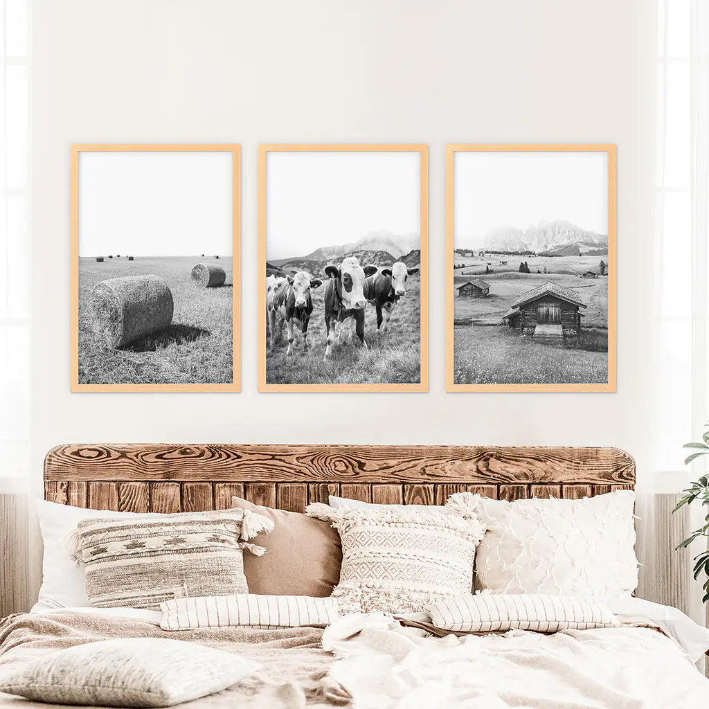 Black White Rustic Photo. Wall Art Set. Cows, Barn, Haystack