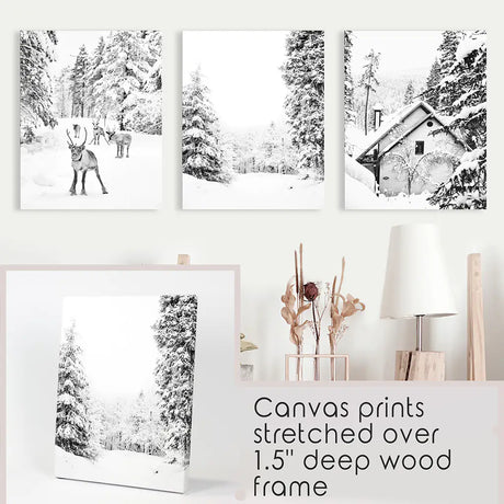 Black White Winter Woodland Wall Art Set. Reindeers, Cabin