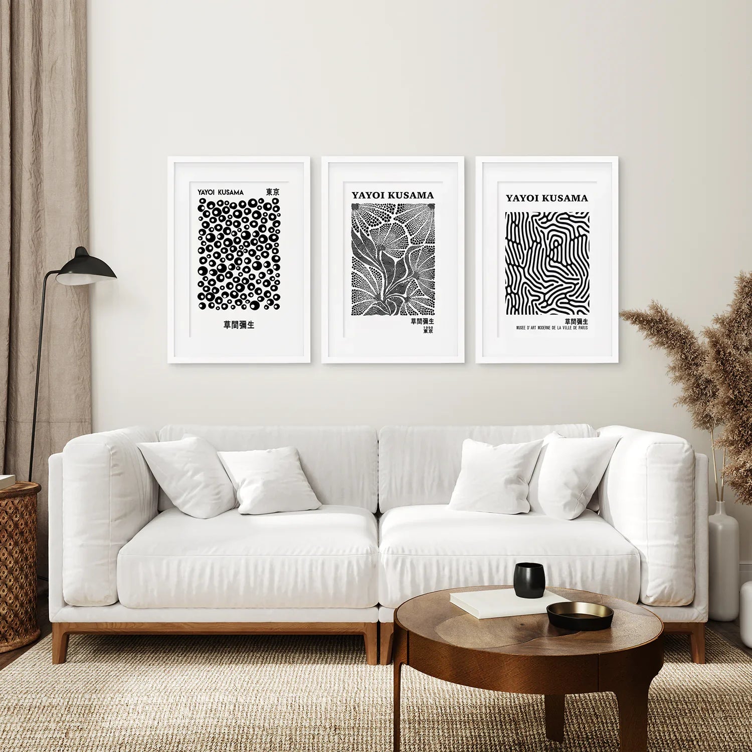 Black White set of 3 Piece Abstract Kusama Art
