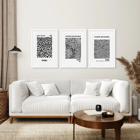 Black White set of 3 Piece Abstract Kusama Art