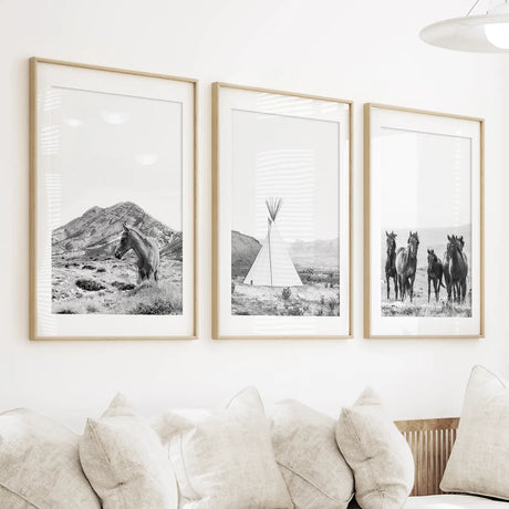 Black White Western Wall Art Set. Desert, Horses, Tepee