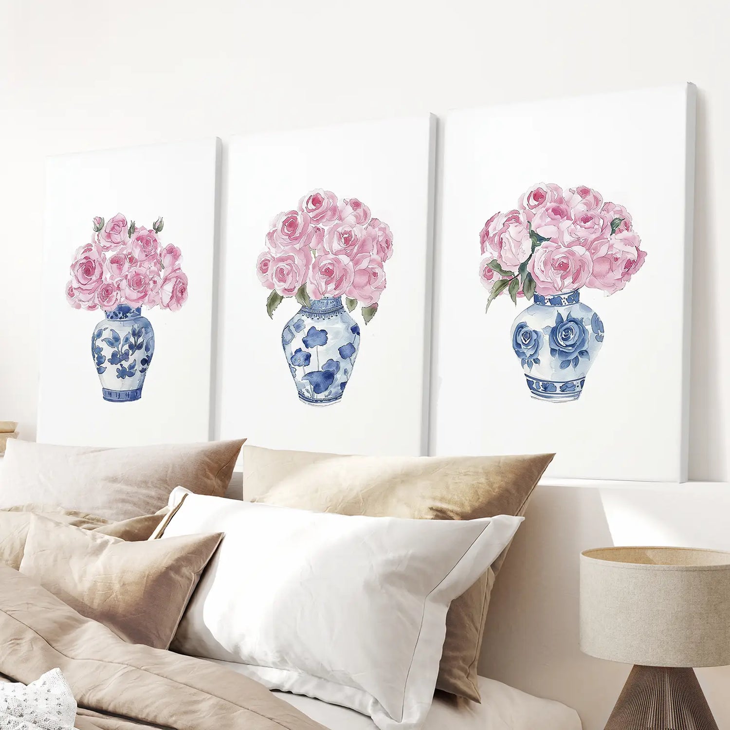 Blue Chinoiserie Watercolor Roses Art Print Set