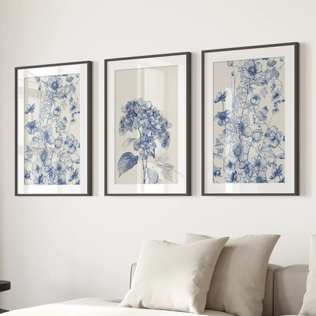 Chinoiserie Blue Flowers Watercolor Poster Decor
