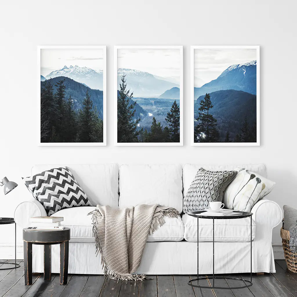 Navy Blue Mountain Forest Triptych. Nordic Landscape Art
