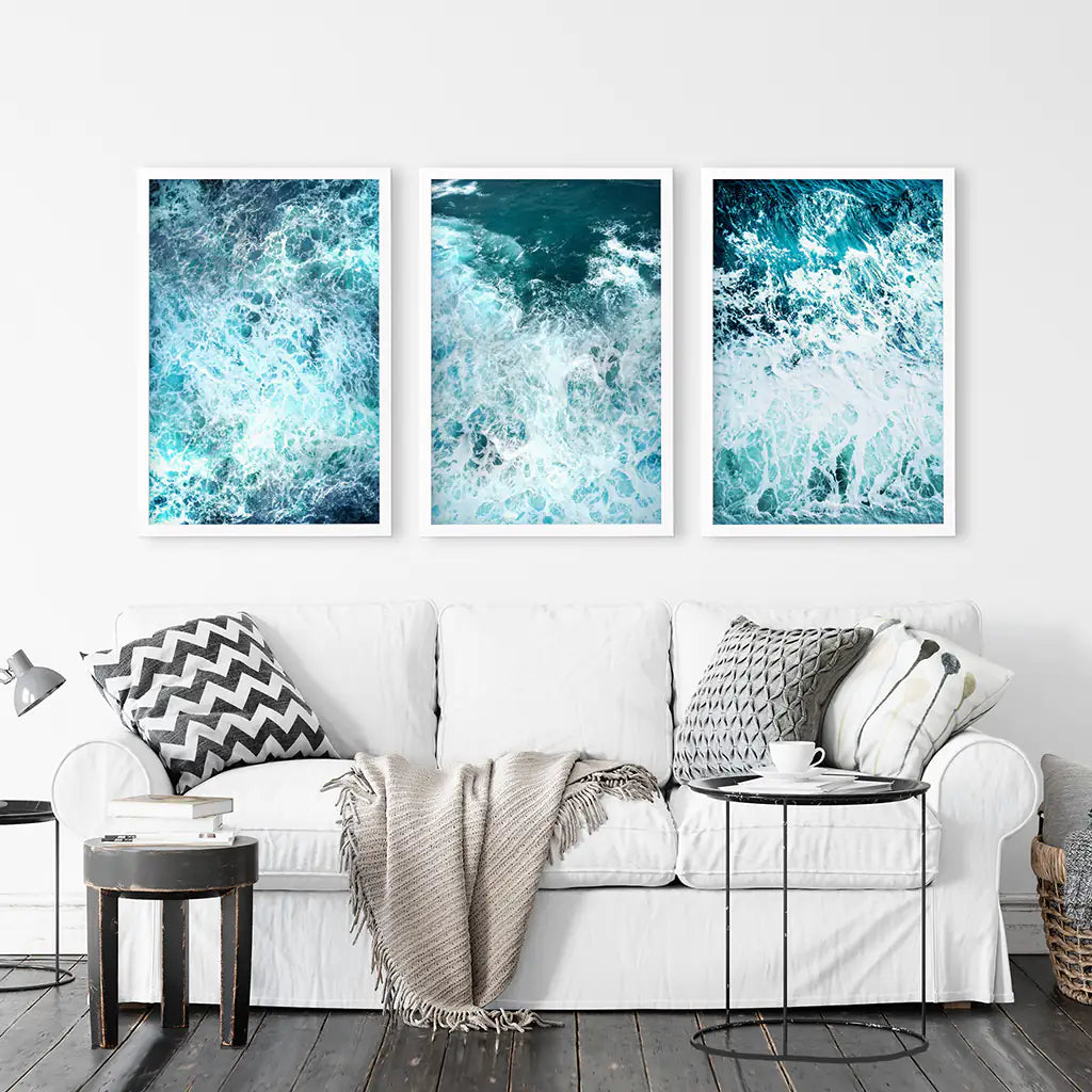 3 Piece Blue Minimalist Ocean Waves Large Wall Decor