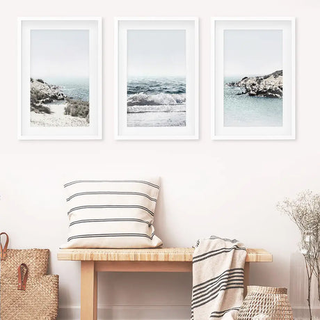 3 Piece Coastal Seascape Set. Blue Waves, Rocky Beach