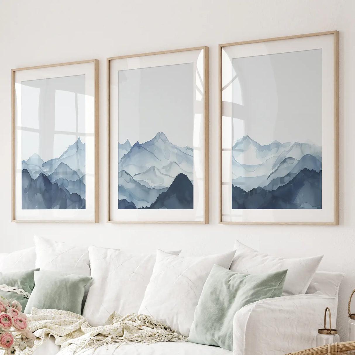 Blue Abstract Watercolor Mountain 3 Piece Decor