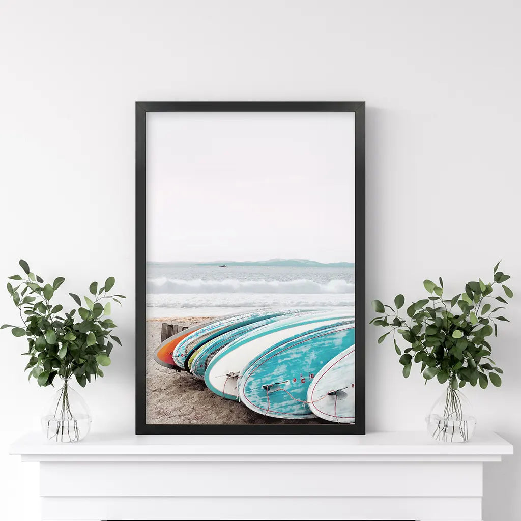 Colored Surfboards on The Beach. Ocean Surfing Print
