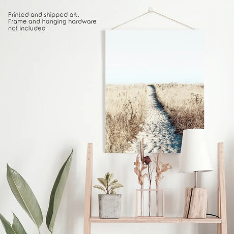 Calm Beach Wall Art Print. Sand Dunes, Dried Grass
