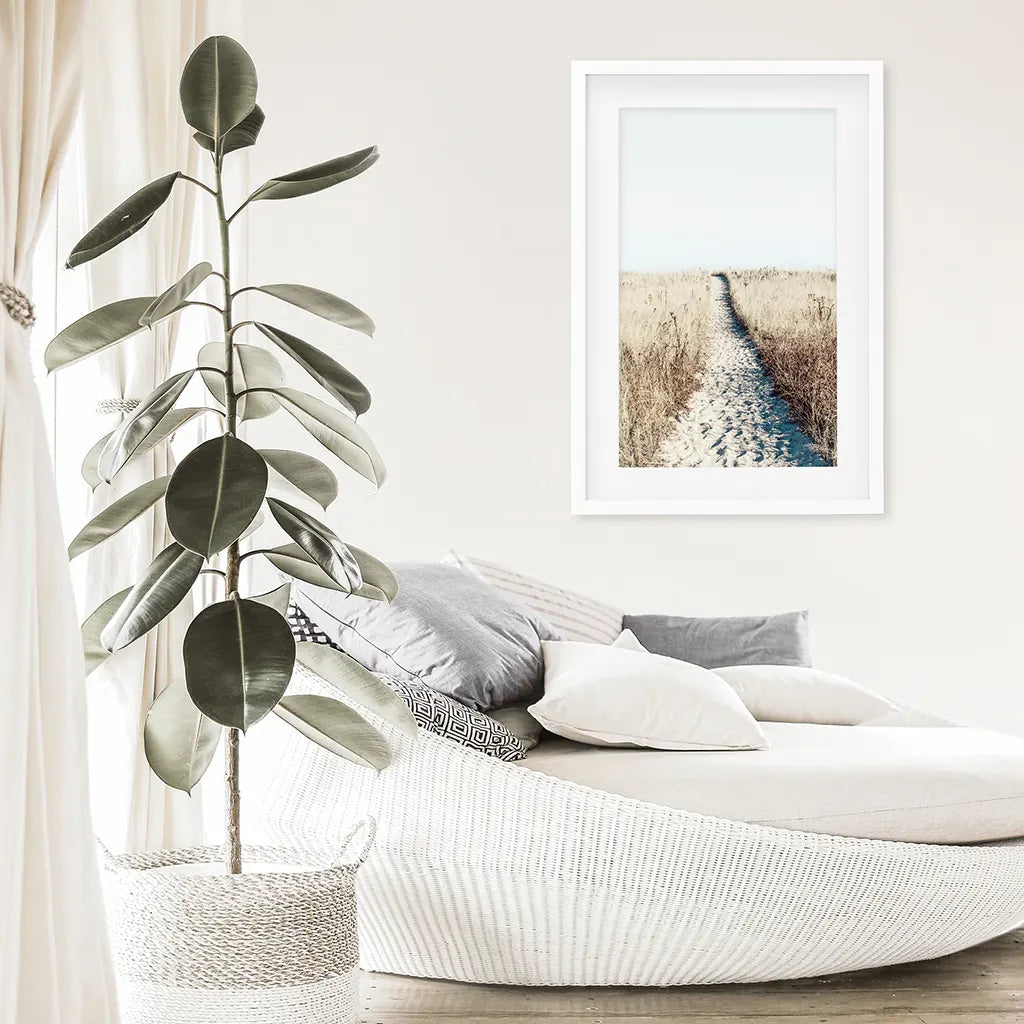 Calm Beach Wall Art Print. Sand Dunes, Dried Grass