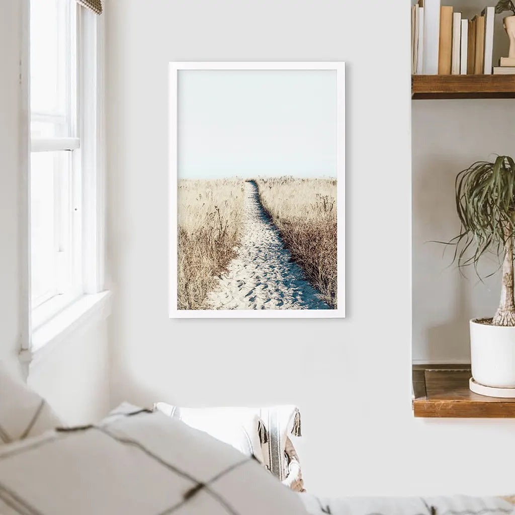 Calm Beach Wall Art Print. Sand Dunes, Dried Grass