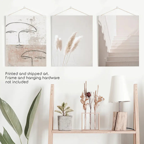 Boho Minimalist Wall Art Set. Abstract Faces, Grass, Stairs