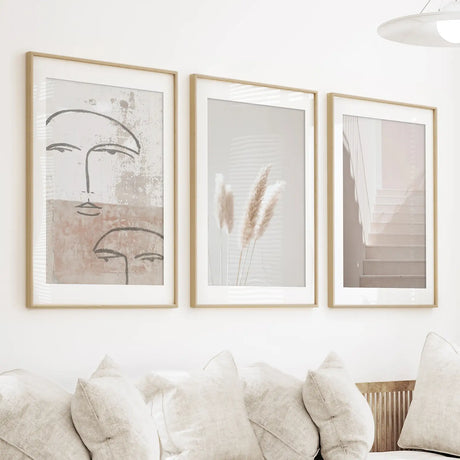 Boho Minimalist Wall Art Set. Abstract Faces, Grass, Stairs