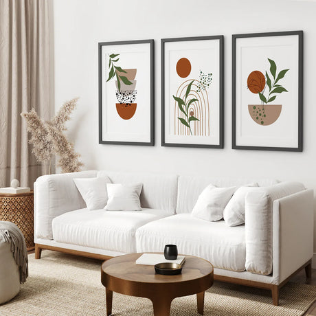 Abstract Green Leaves Wall Art Set of 3 Pieces. Earth Tones