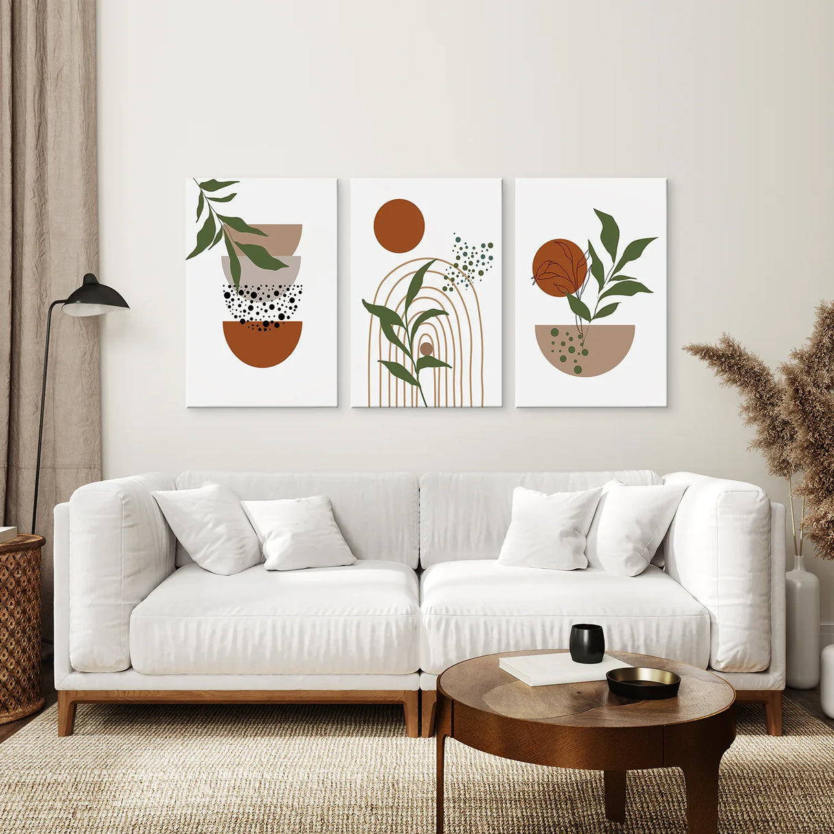 Abstract Green Leaves Wall Art Set of 3 Pieces. Earth Tones
