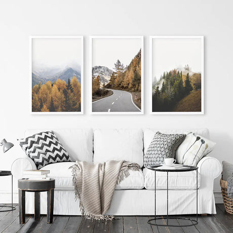 Brown Autumn Mountain Forest Scenery. Set of 3 Prints