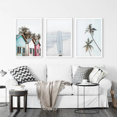 California Boho Wall Art. Surfboard, Palms, Beach, Cabins