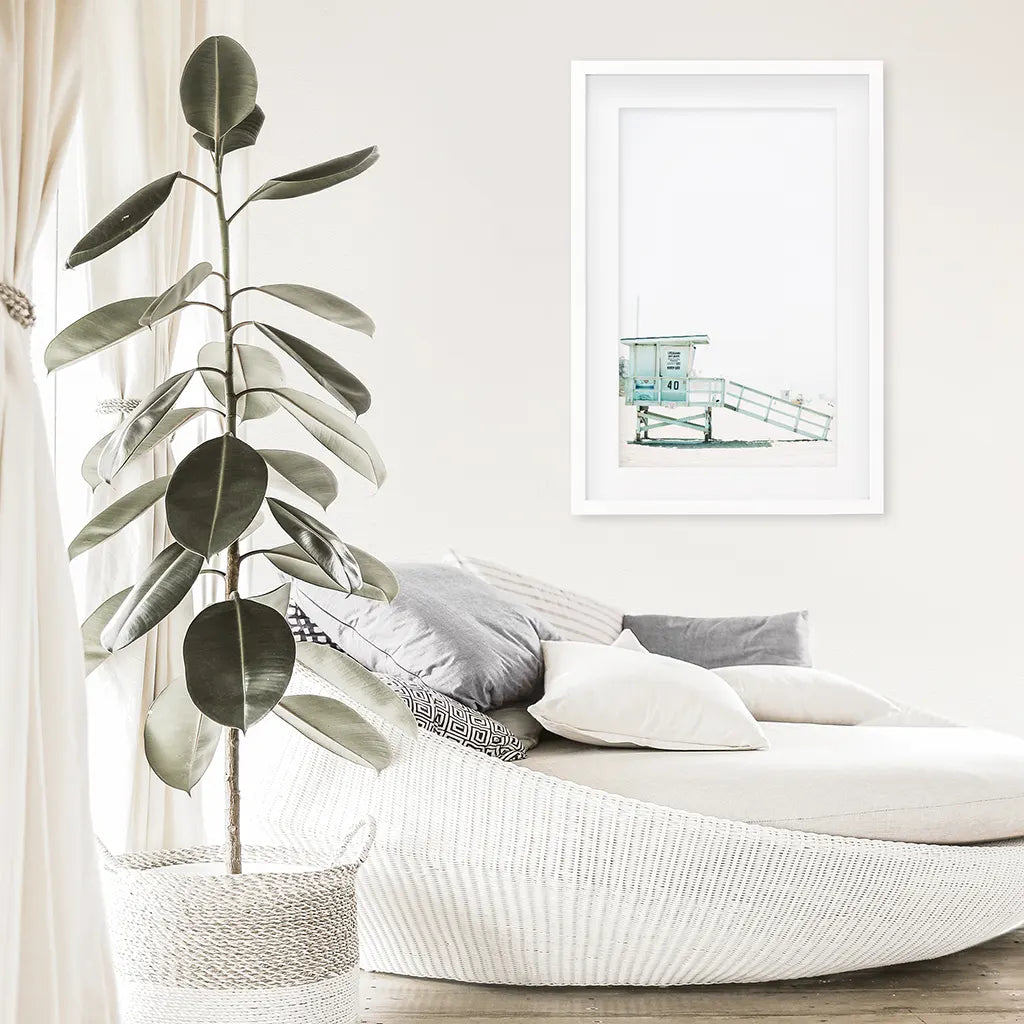 California Coastal Life Themed Print. Blue Lifeguard Hut