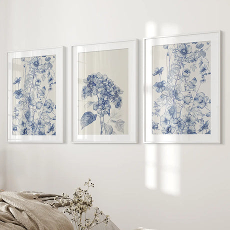 Chinoiserie Blue Flowers Watercolor Poster Decor