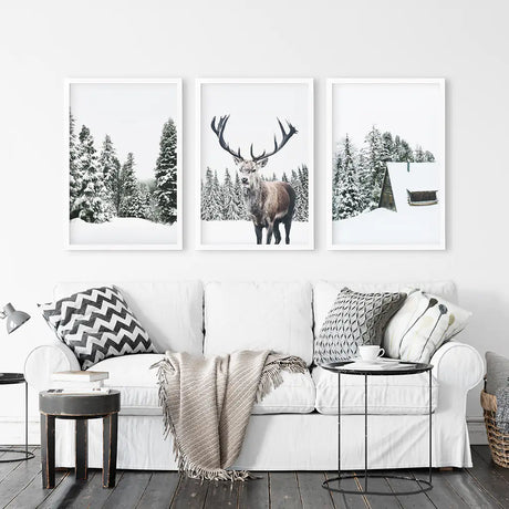 3 Piece Christmas Wall Art. Forest, Log Cabin, Reindeer