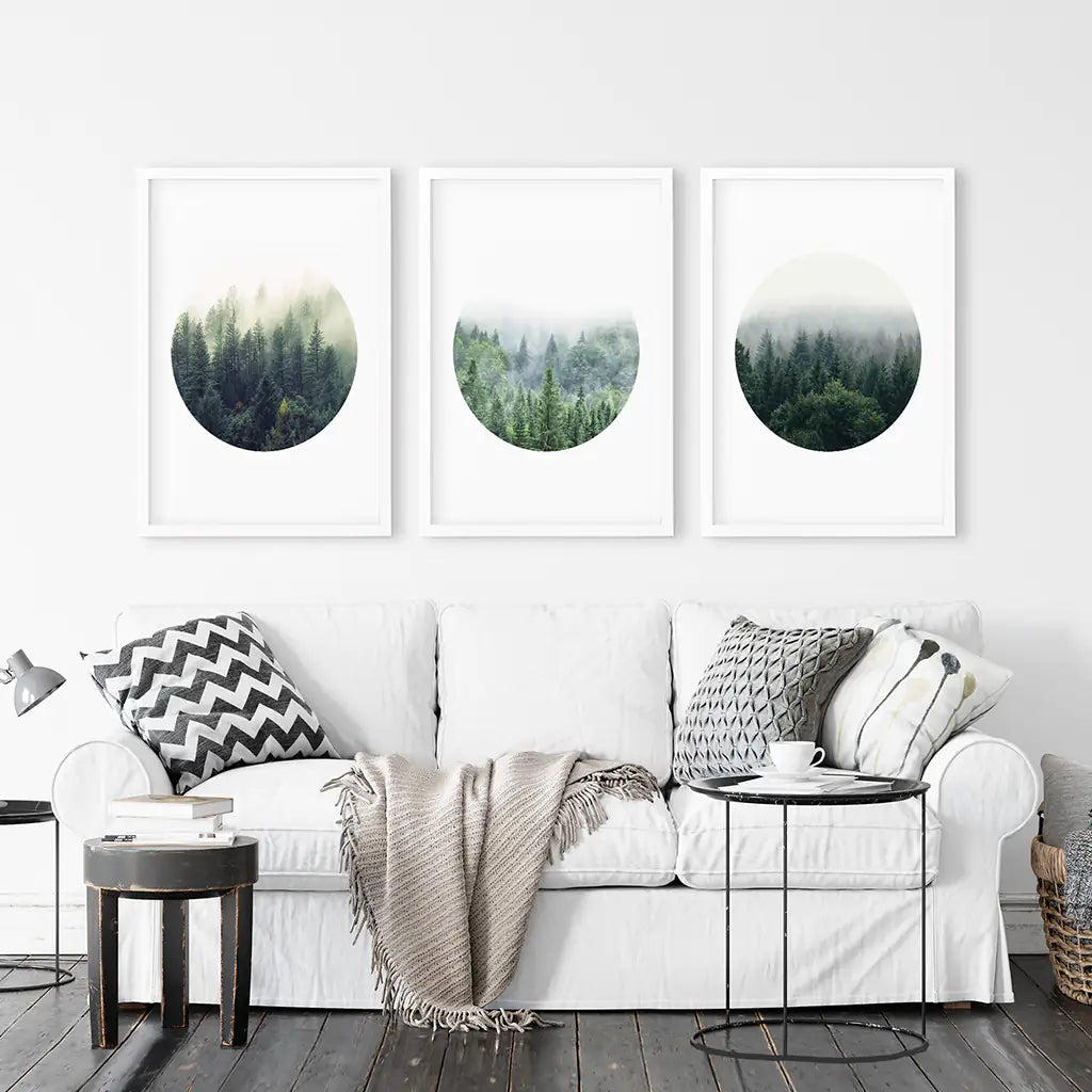 Nordic Forest Circle Wall Art. Set of 3 Scandinavian Prints