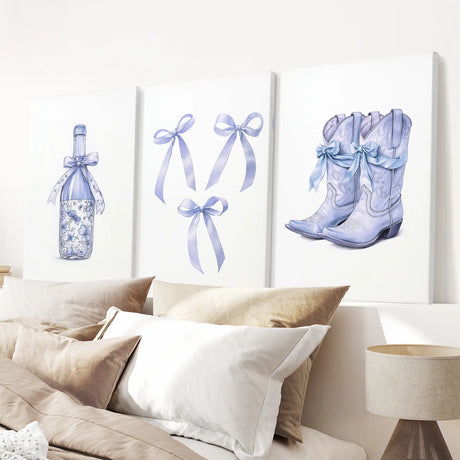 Trendy Blue Bows Girly Wall Art Set of 3 Print