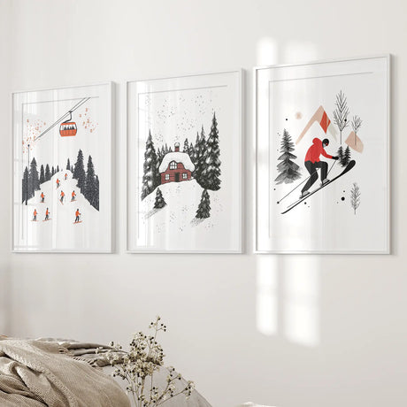 Alpine Skiing Winter Set of 3 Prints Home Wall Art