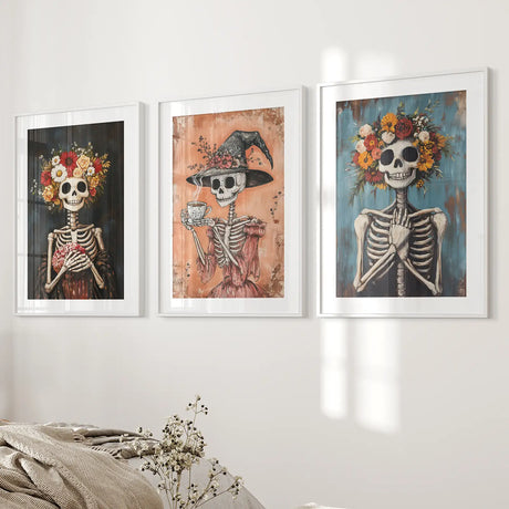 Cozy Floral Skeleton Wall Art Decor Poster Set