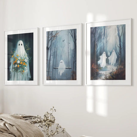 Cute Ghosts Halloween Art Print Gothic Decor Set