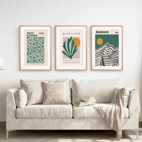 Sage Green Set of 3 Prints. Bauhaus, Kusama, Matisse Style