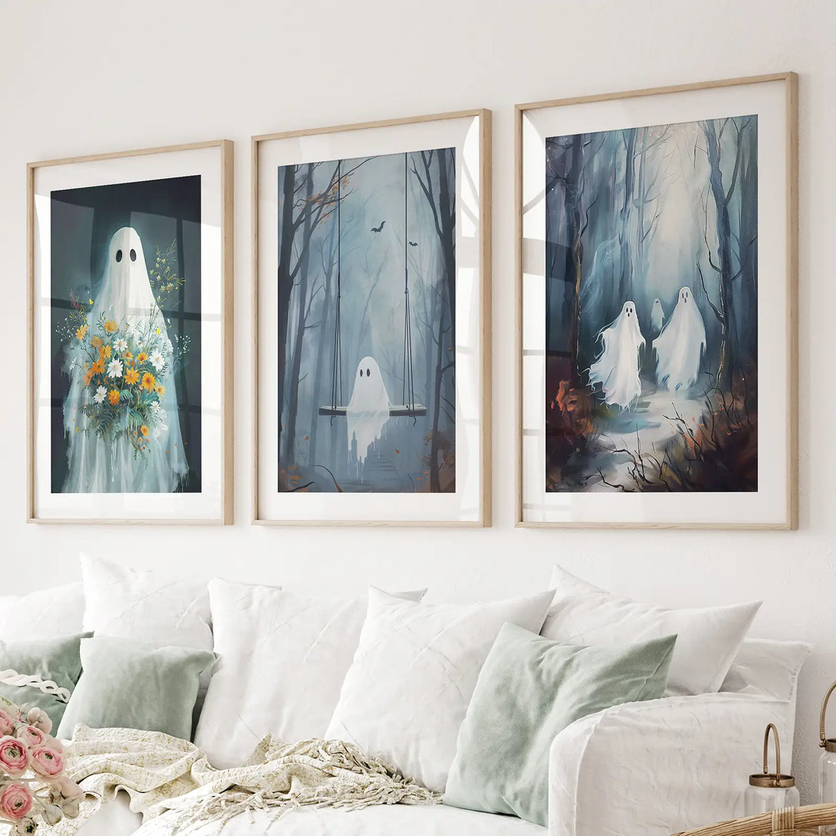 Cute Ghosts Halloween Art Print Gothic Decor Set