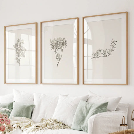 Vintage Neutral Botanical Decor. Set of 3 Prints