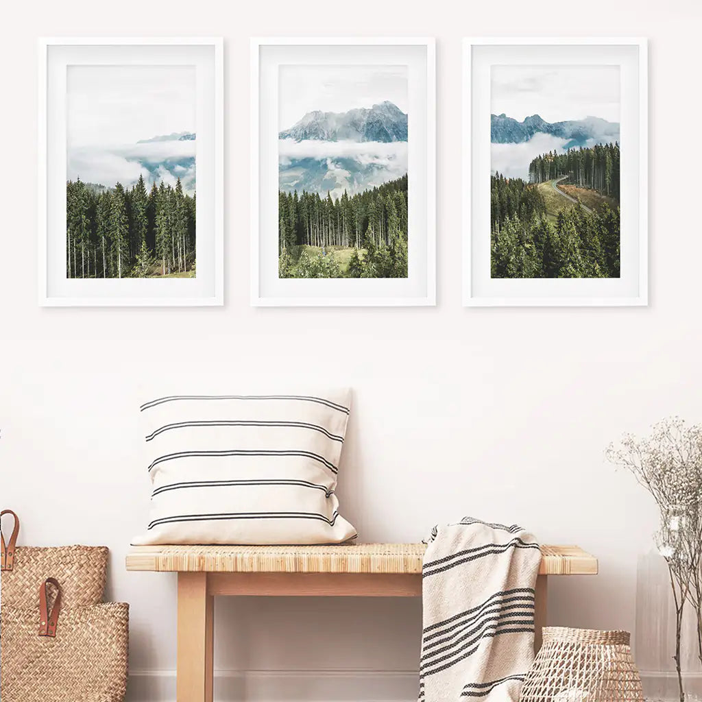 Green Pine Tree Forest. Blue Foggy Mountains. Set of 3 Prints