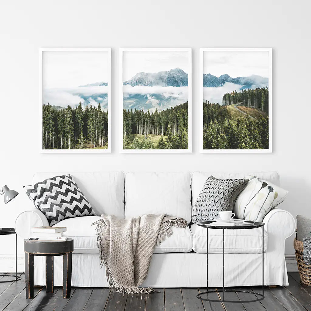 Green Pine Tree Forest. Blue Foggy Mountains. Set of 3 Prints
