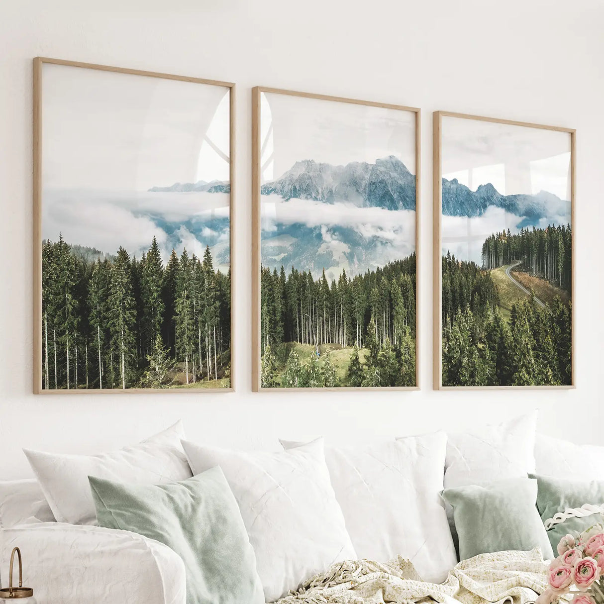 Green Pine Tree Forest. Blue Foggy Mountains. Set of 3 Prints