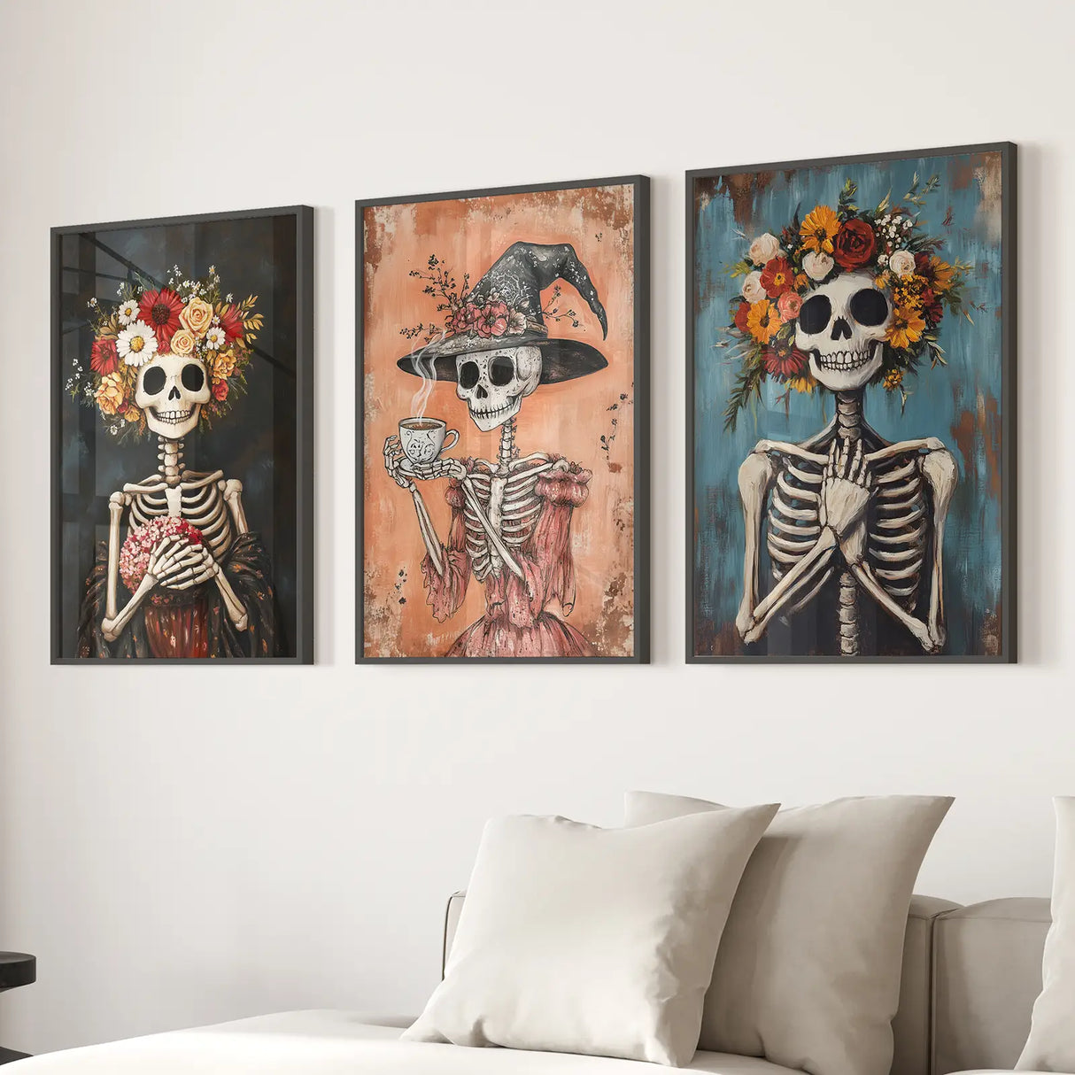 Cozy Floral Skeleton Wall Art Decor Poster Set