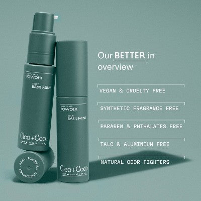 cleo+coco. Body and Hair Antiperspirants and Deodorant Powder Basil Mint 0.88oz - New