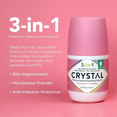 Crystal 3-in-1 Natural Mineral Roll-On Deodorant Coconut + Vanilla 2.25 fl oz - New