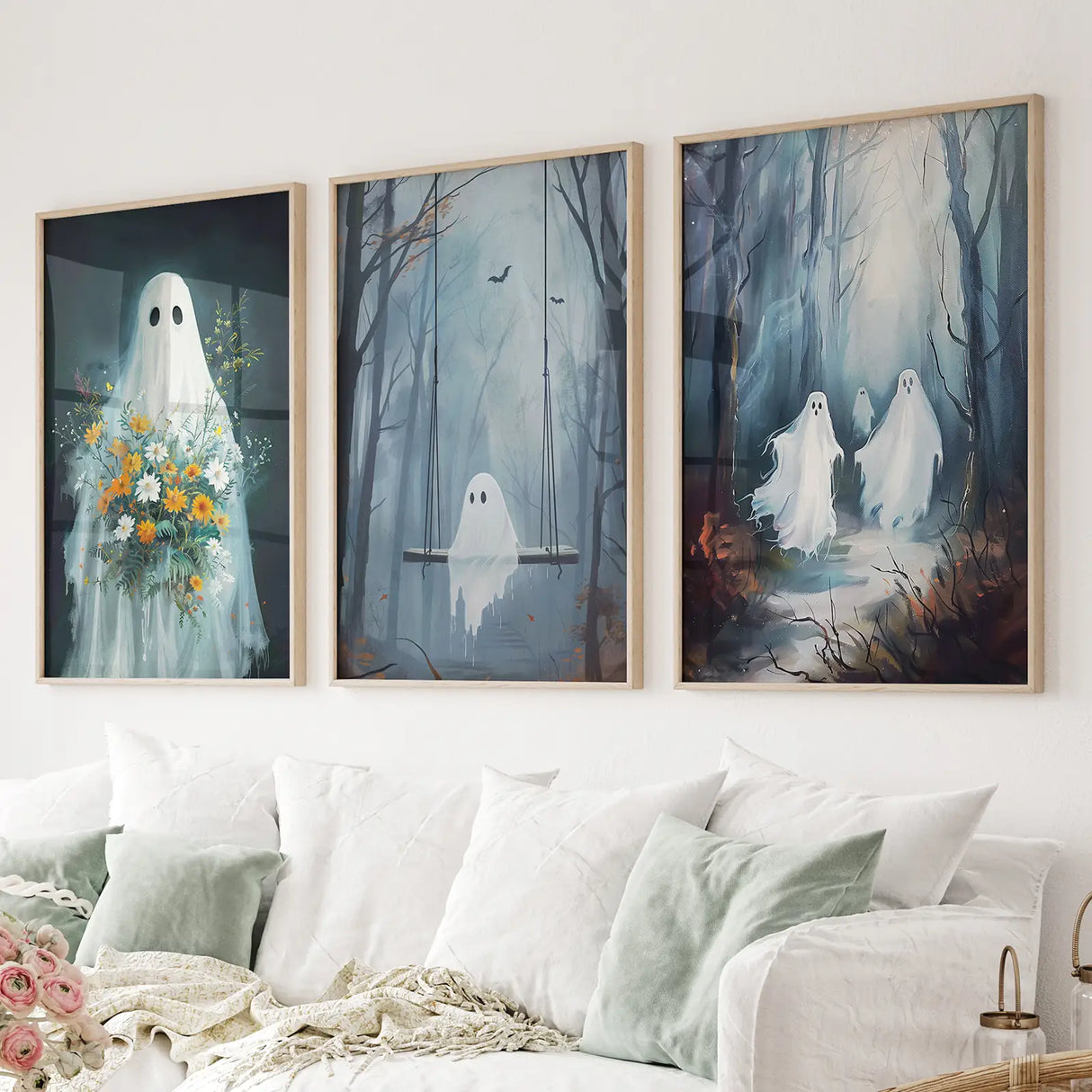 Cute Ghosts Halloween Art Print Gothic Decor Set