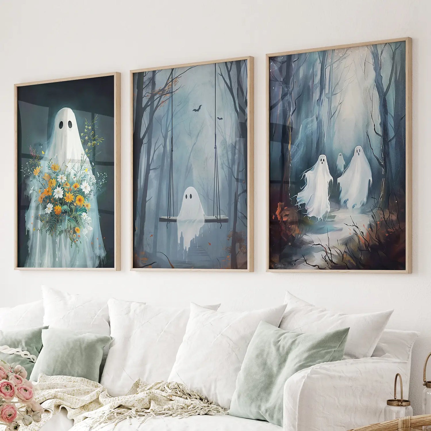 Cute Ghosts Halloween Art Print Gothic Decor Set
