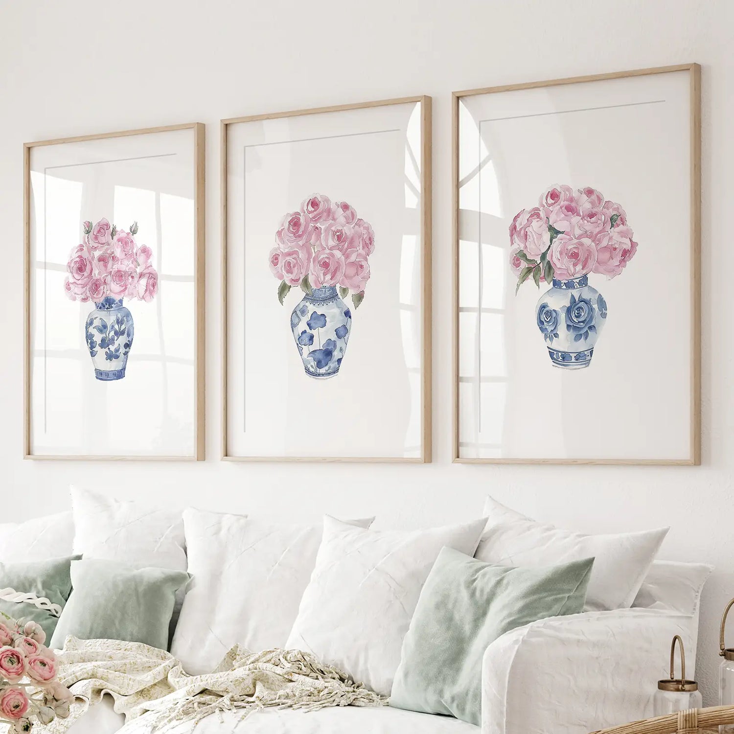 Blue Chinoiserie Watercolor Roses Art Print Set
