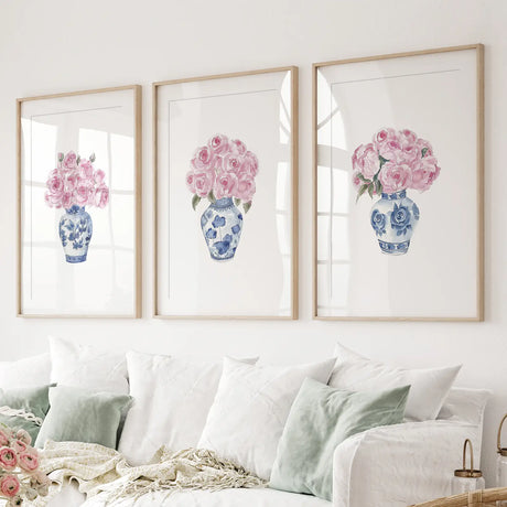 Blue Chinoiserie Watercolor Roses Art Print Set