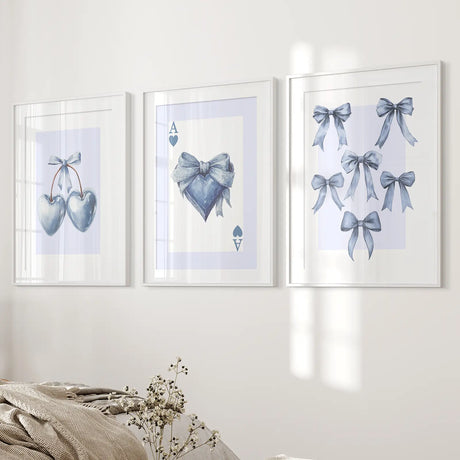 Blue Coquette Bows Wall Art Set of 3 Prints Decor