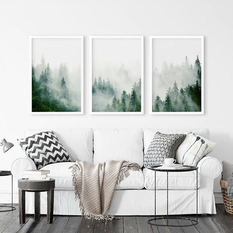 Evergreen Misty Forest Triptych. Set of 3 Prints