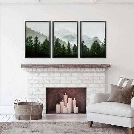 Green Mountain Forest 3 Piece Wall Art. Foggy Nordic Nature