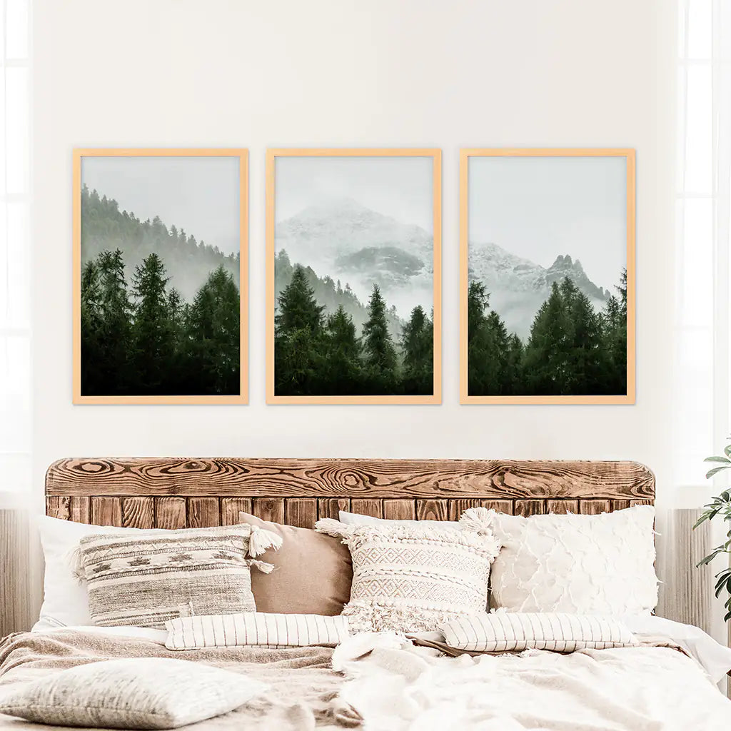 Green Mountain Forest 3 Piece Wall Art. Foggy Nordic Nature