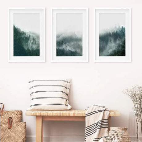 Large Foggy Forest Wall Art Set. Scandinavian Decor
