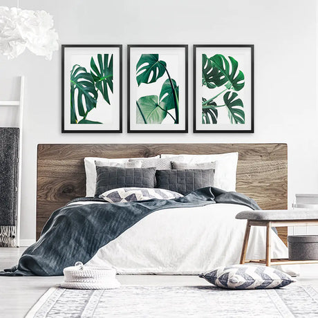 3 Piece Green Monstera Leaf Print Set. Tropical Decor
