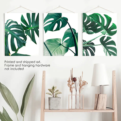 3 Piece Green Monstera Leaf Print Set. Tropical Decor