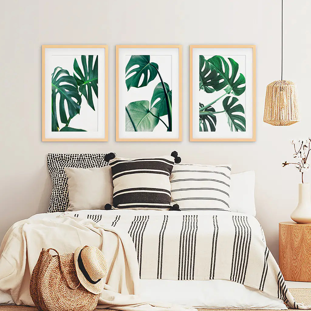 3 Piece Green Monstera Leaf Print Set. Tropical Decor